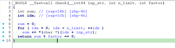 Decompiled function named check. Nothing more than a for-loop at first look