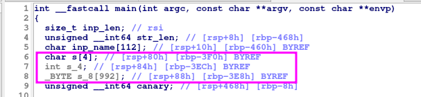 Stack view of local variables for main function. RBP marks the stack frame start at a high-address